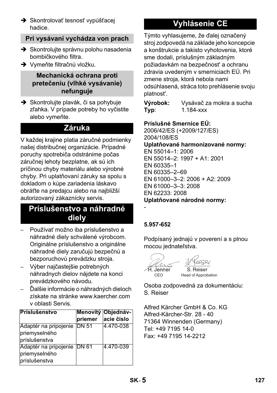 Záruka príslušenstvo a náhradné diely, Vyhlásenie ce | Karcher Промышленный пылесос NT 802 IV User Manual | Page 127 / 176