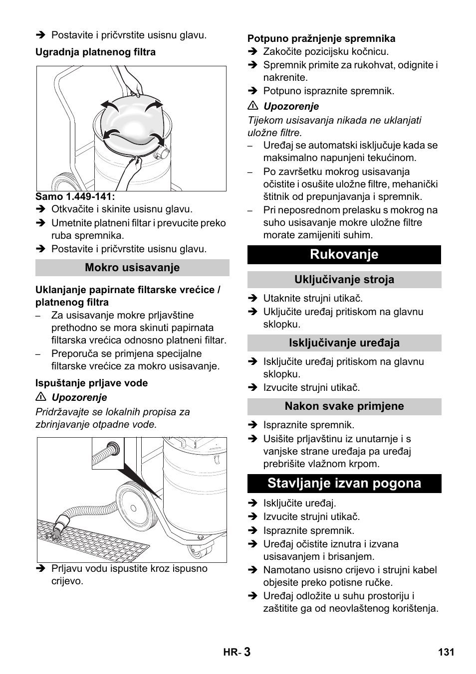 Rukovanje, Stavljanje izvan pogona | Karcher Промышленный пылесос NT 802 IV User Manual | Page 131 / 176