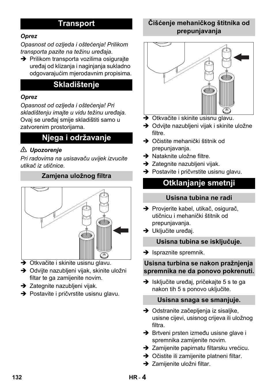 Transport skladištenje njega i održavanje, Otklanjanje smetnji | Karcher Промышленный пылесос NT 802 IV User Manual | Page 132 / 176