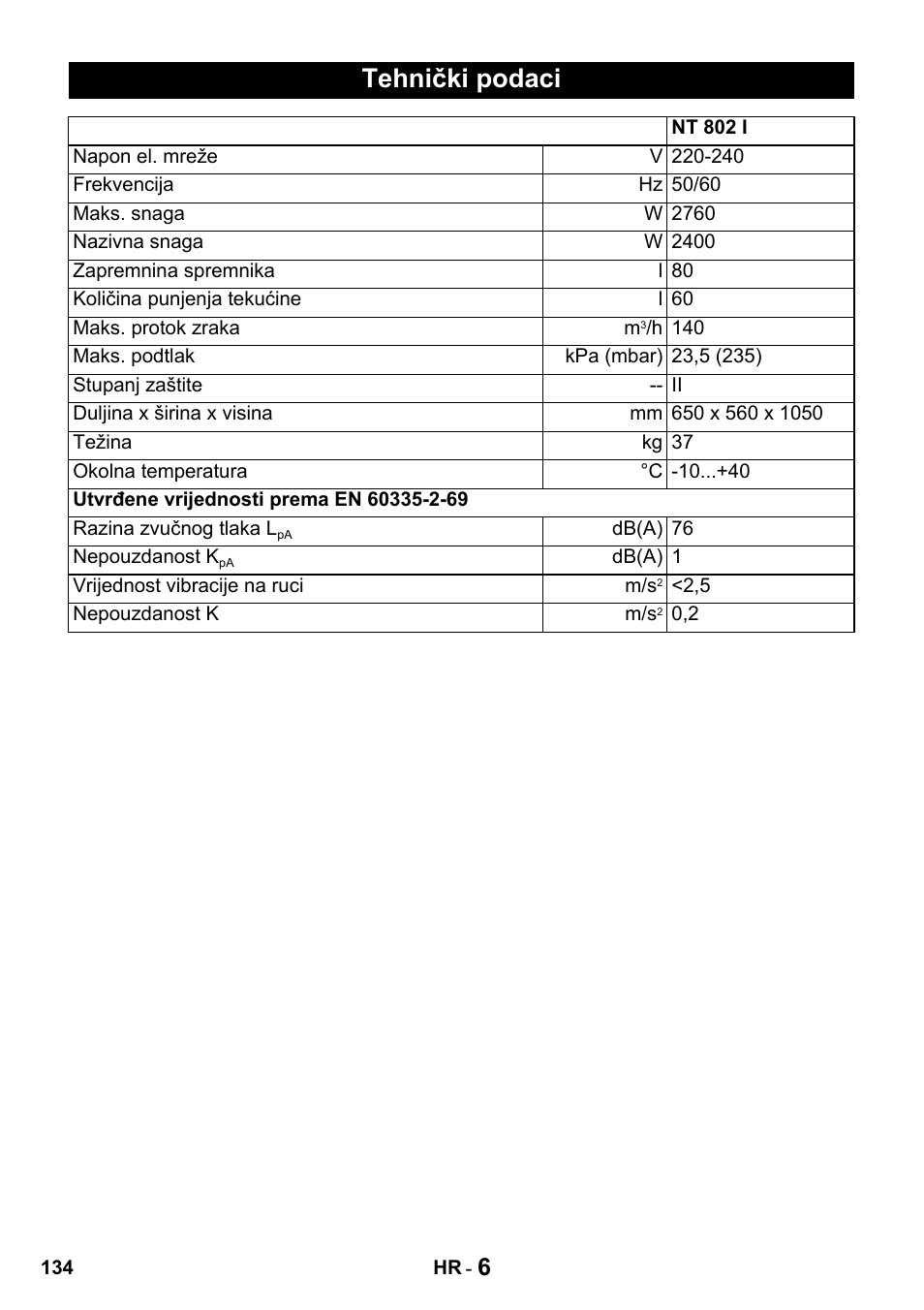 Tehnički podaci | Karcher Промышленный пылесос NT 802 IV User Manual | Page 134 / 176