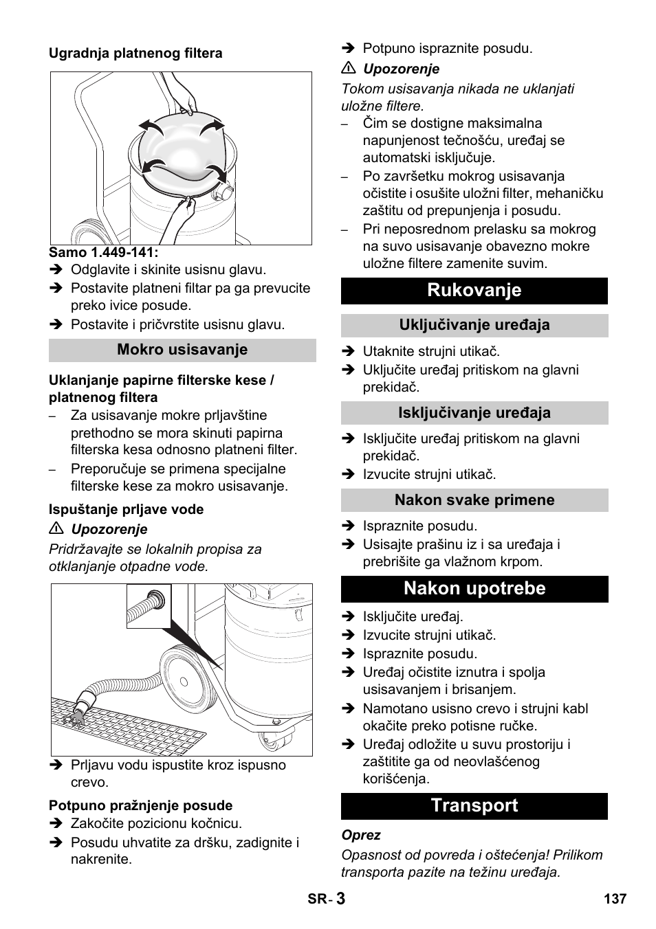 Rukovanje, Nakon upotrebe transport | Karcher Промышленный пылесос NT 802 IV User Manual | Page 137 / 176