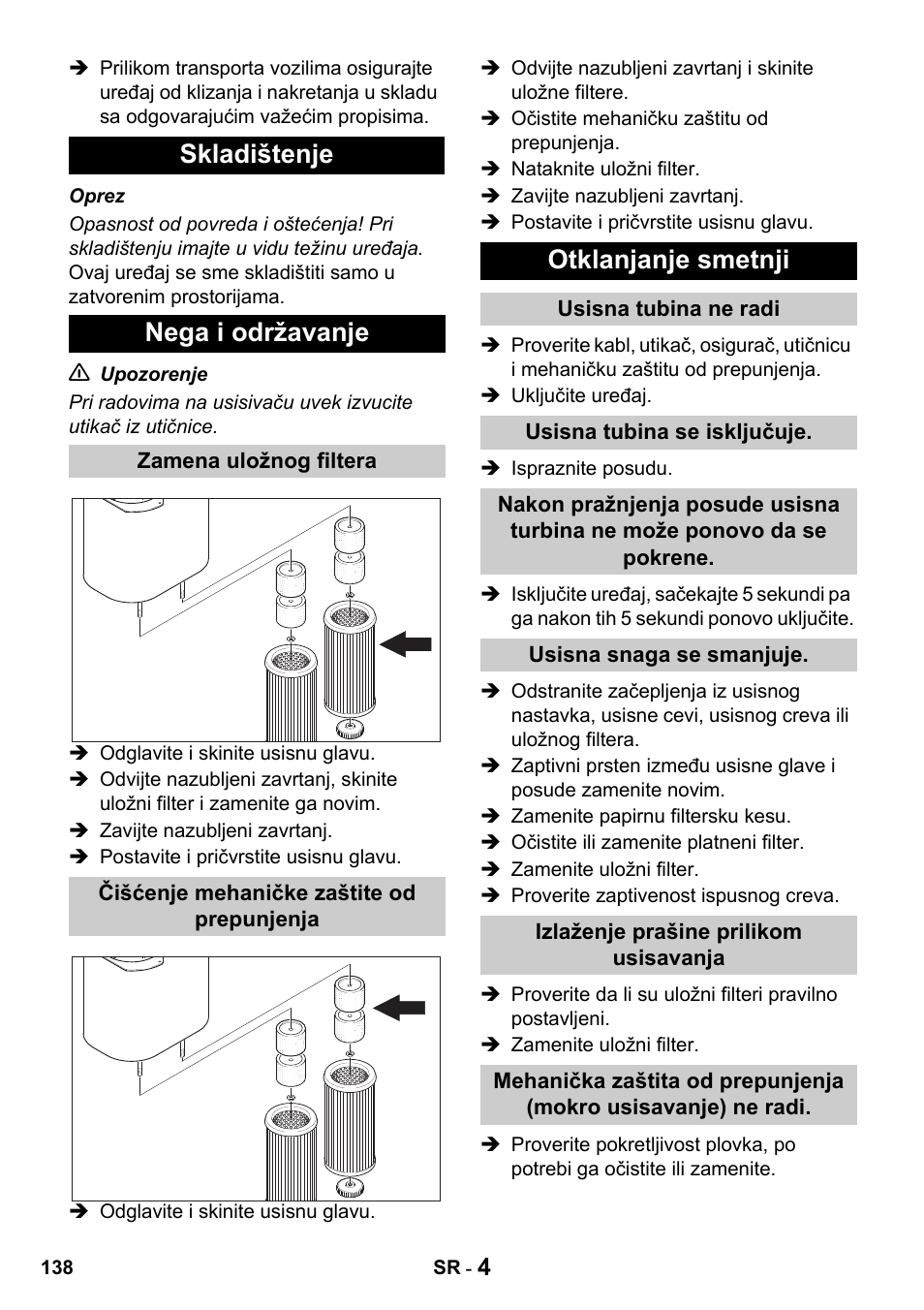 Skladištenje nega i održavanje, Otklanjanje smetnji | Karcher Промышленный пылесос NT 802 IV User Manual | Page 138 / 176