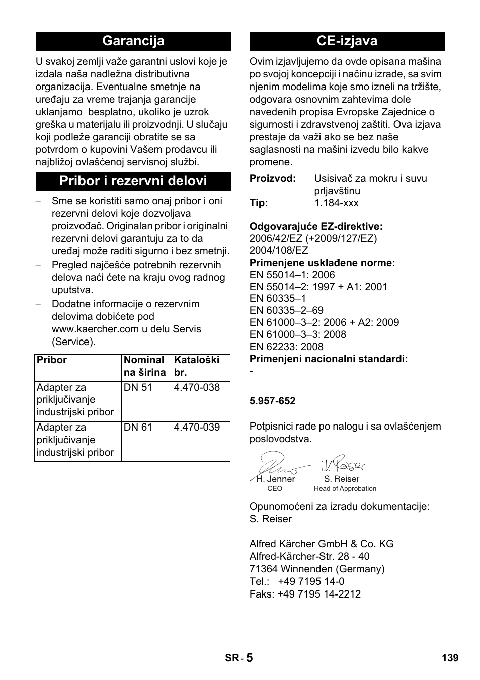 Garancija pribor i rezervni delovi, Ce-izjava | Karcher Промышленный пылесос NT 802 IV User Manual | Page 139 / 176