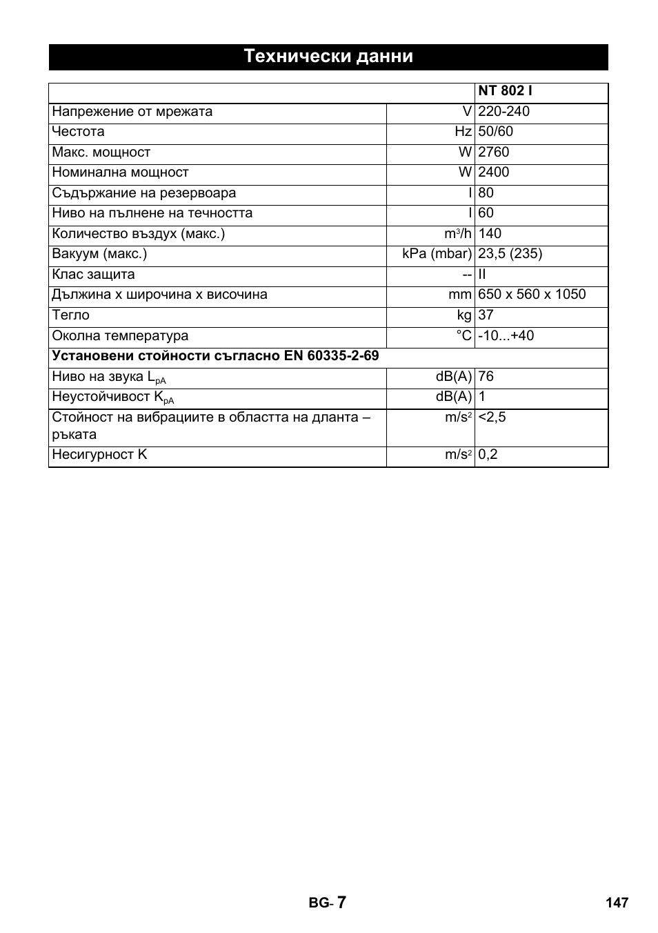 Технически данни | Karcher Промышленный пылесос NT 802 IV User Manual | Page 147 / 176