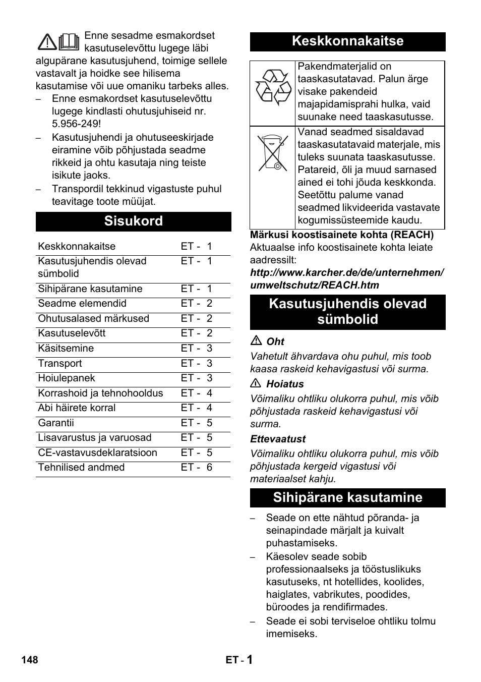 Sisukord, Keskkonnakaitse | Karcher Промышленный пылесос NT 802 IV User Manual | Page 148 / 176