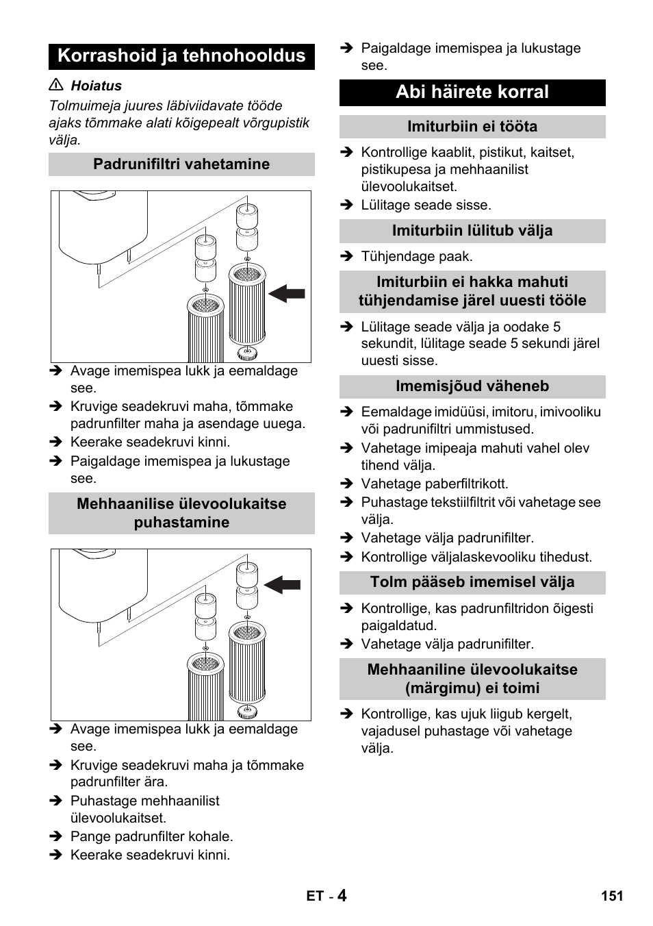 Korrashoid ja tehnohooldus, Abi häirete korral | Karcher Промышленный пылесос NT 802 IV User Manual | Page 151 / 176