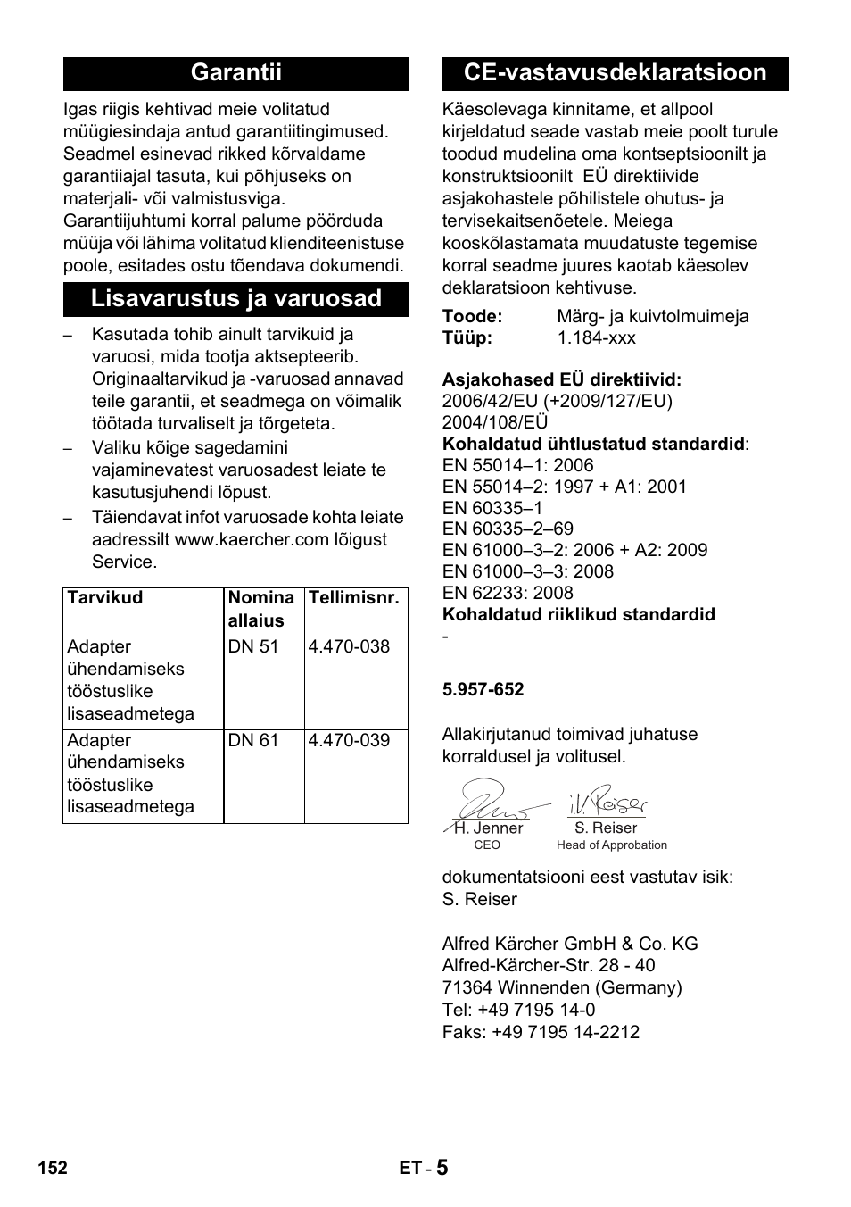 Garantii lisavarustus ja varuosad, Ce-vastavusdeklaratsioon | Karcher Промышленный пылесос NT 802 IV User Manual | Page 152 / 176