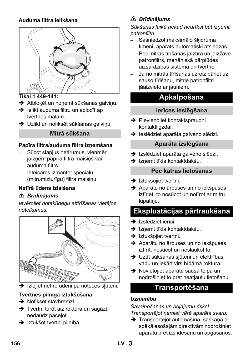 Apkalpošana, Ekspluatācijas pārtraukšana transportēšana | Karcher Промышленный пылесос NT 802 IV User Manual | Page 156 / 176