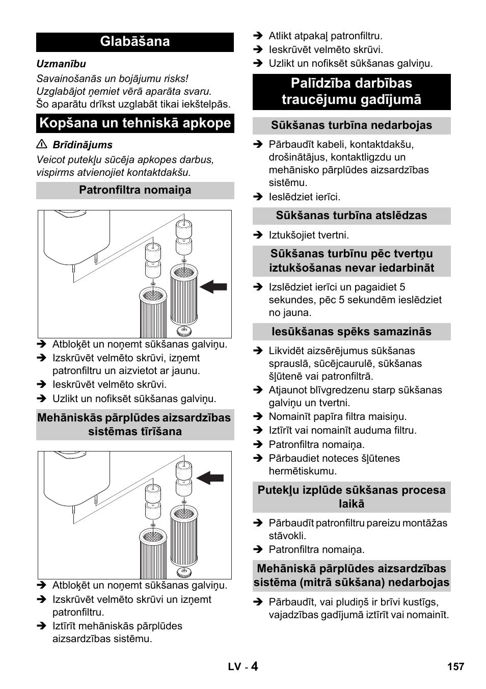 Glabāšana kopšana un tehniskā apkope, Palīdzība darbības traucējumu gadījumā | Karcher Промышленный пылесос NT 802 IV User Manual | Page 157 / 176