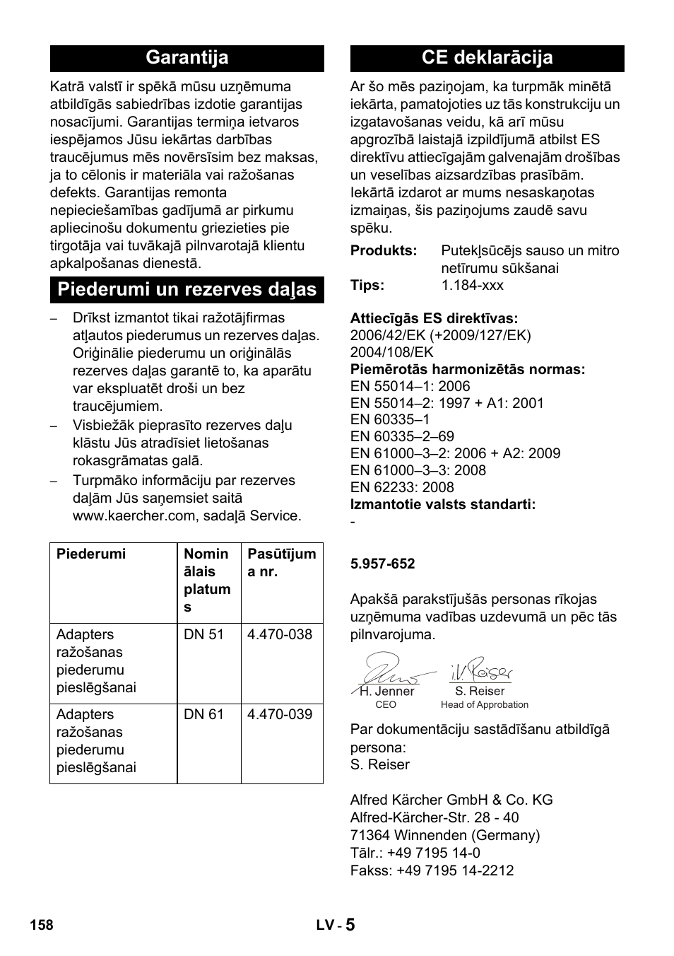 Garantija piederumi un rezerves daļas, Ce deklarācija | Karcher Промышленный пылесос NT 802 IV User Manual | Page 158 / 176