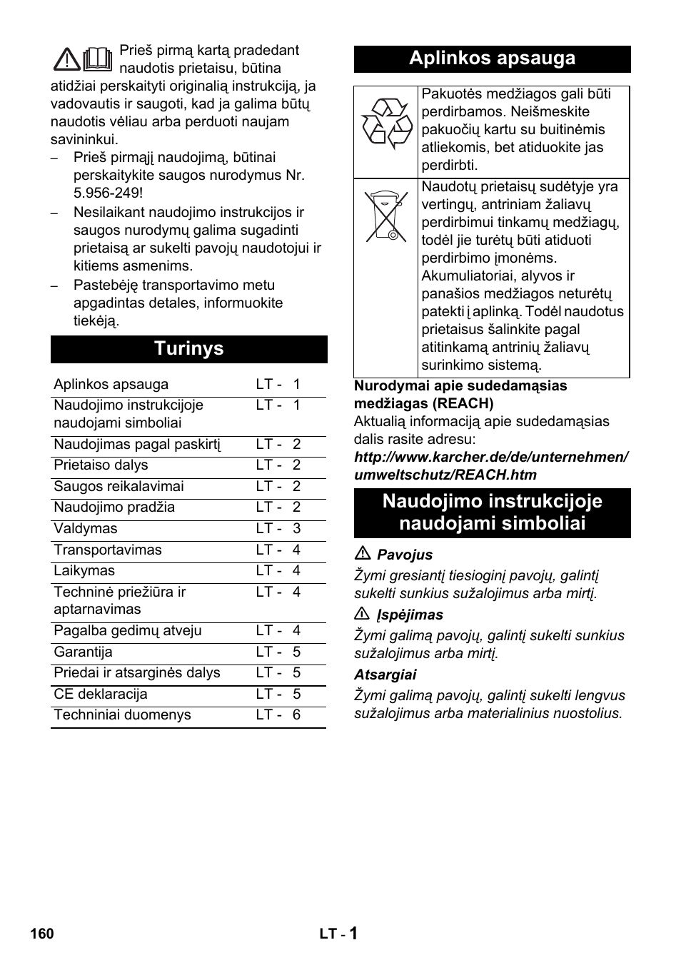 Turinys, Aplinkos apsauga, Naudojimo instrukcijoje naudojami simboliai | Karcher Промышленный пылесос NT 802 IV User Manual | Page 160 / 176