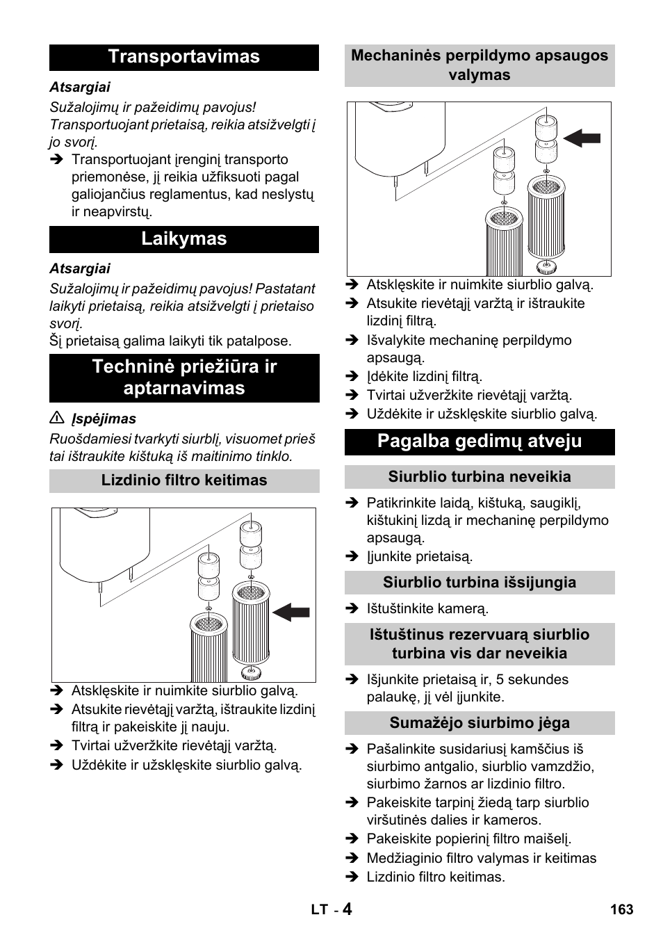 Pagalba gedimų atveju | Karcher Промышленный пылесос NT 802 IV User Manual | Page 163 / 176