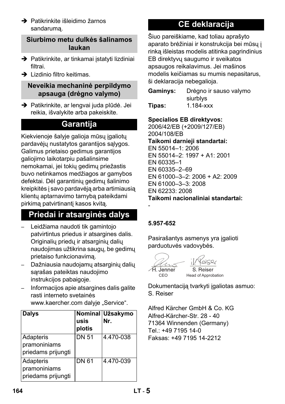 Garantija priedai ir atsarginės dalys, Ce deklaracija | Karcher Промышленный пылесос NT 802 IV User Manual | Page 164 / 176