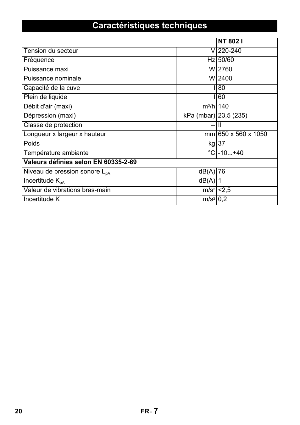 Caractéristiques techniques | Karcher Промышленный пылесос NT 802 IV User Manual | Page 20 / 176