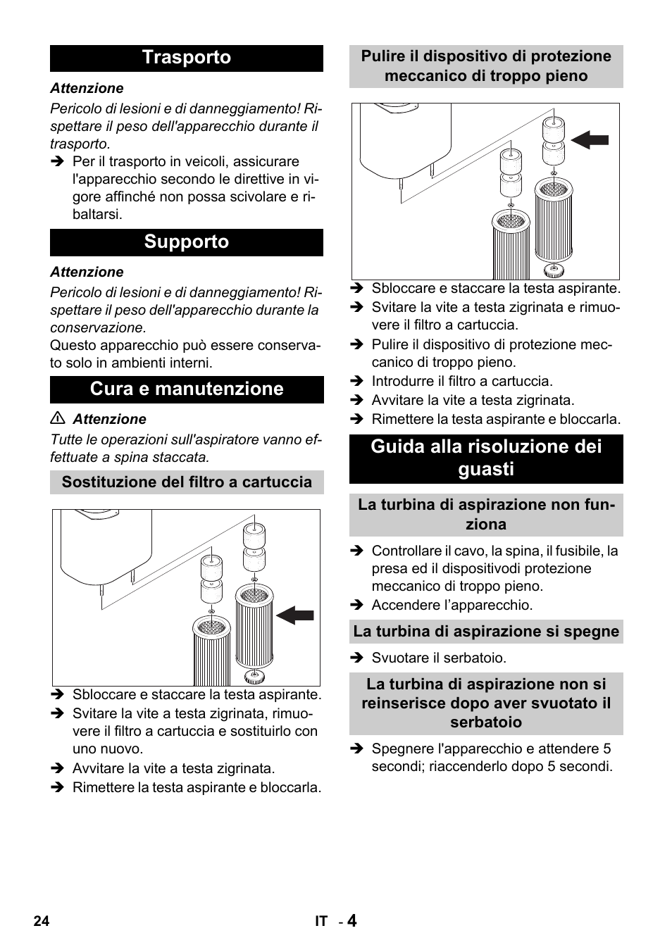 Trasporto supporto cura e manutenzione, Guida alla risoluzione dei guasti | Karcher Промышленный пылесос NT 802 IV User Manual | Page 24 / 176