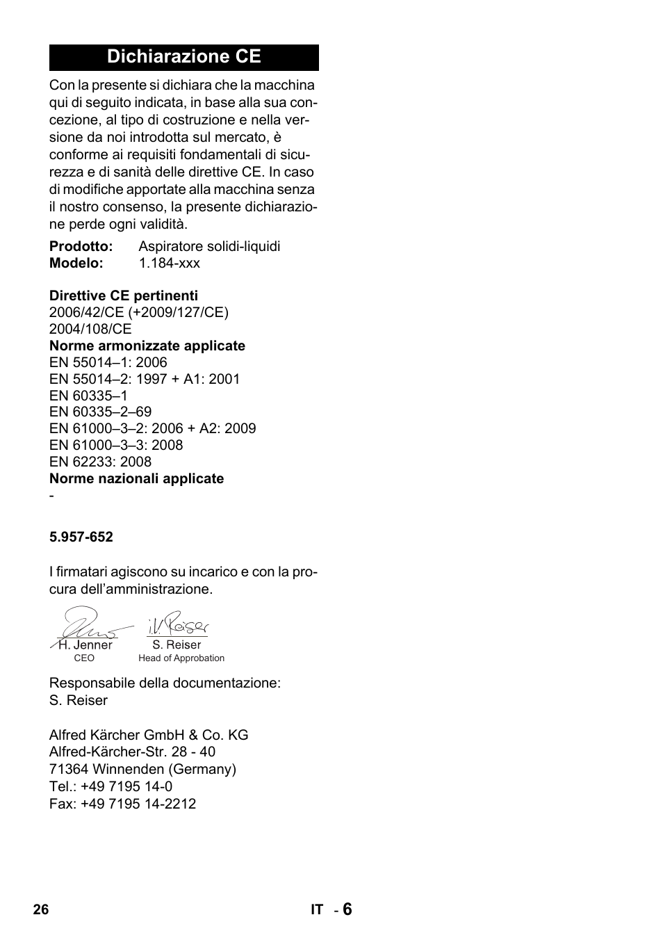 Dichiarazione ce | Karcher Промышленный пылесос NT 802 IV User Manual | Page 26 / 176
