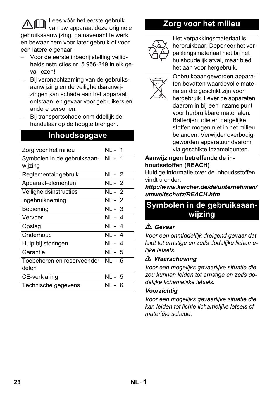 Inhoudsopgave, Zorg voor het milieu, Symbolen in de gebruiksaan- wijzing | Karcher Промышленный пылесос NT 802 IV User Manual | Page 28 / 176