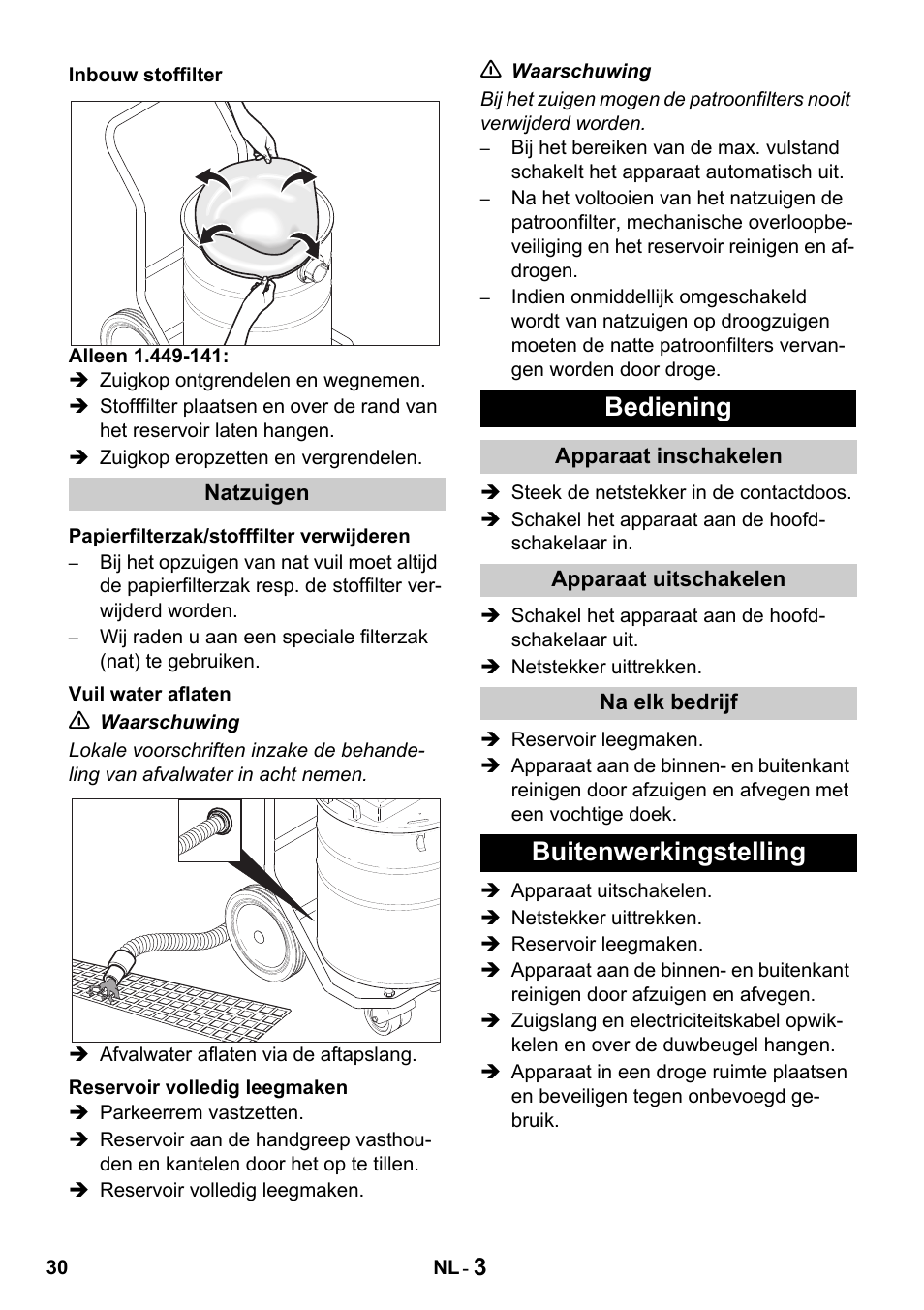Bediening, Buitenwerkingstelling | Karcher Промышленный пылесос NT 802 IV User Manual | Page 30 / 176