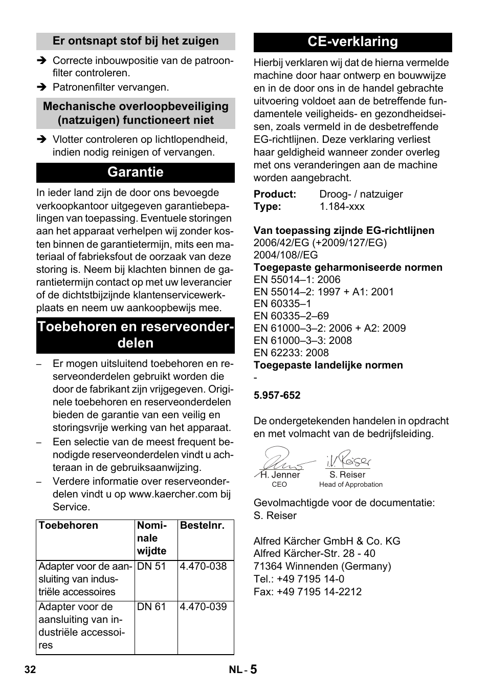 Garantie toebehoren en reserveonder- delen, Ce-verklaring | Karcher Промышленный пылесос NT 802 IV User Manual | Page 32 / 176