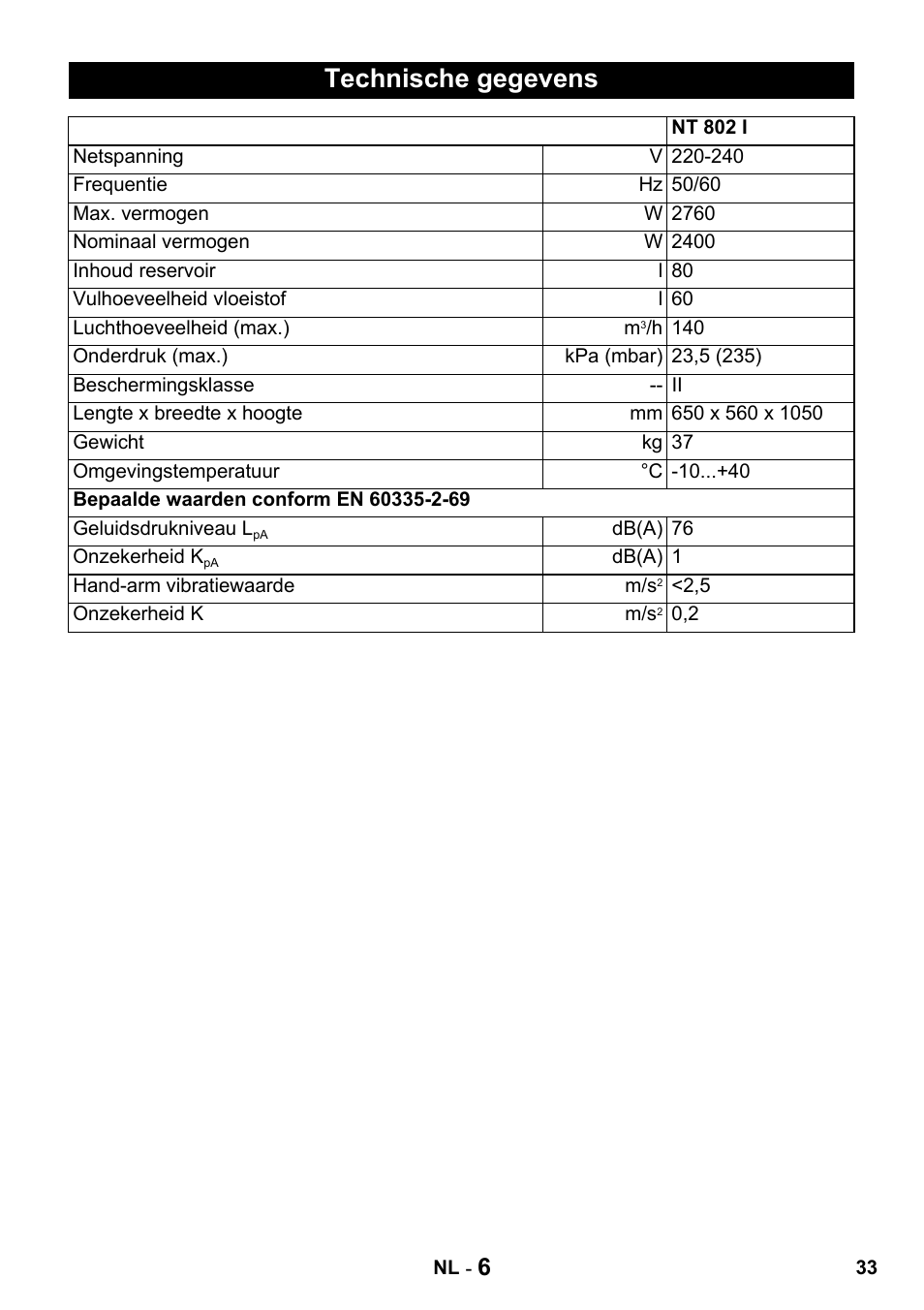 Technische gegevens | Karcher Промышленный пылесос NT 802 IV User Manual | Page 33 / 176