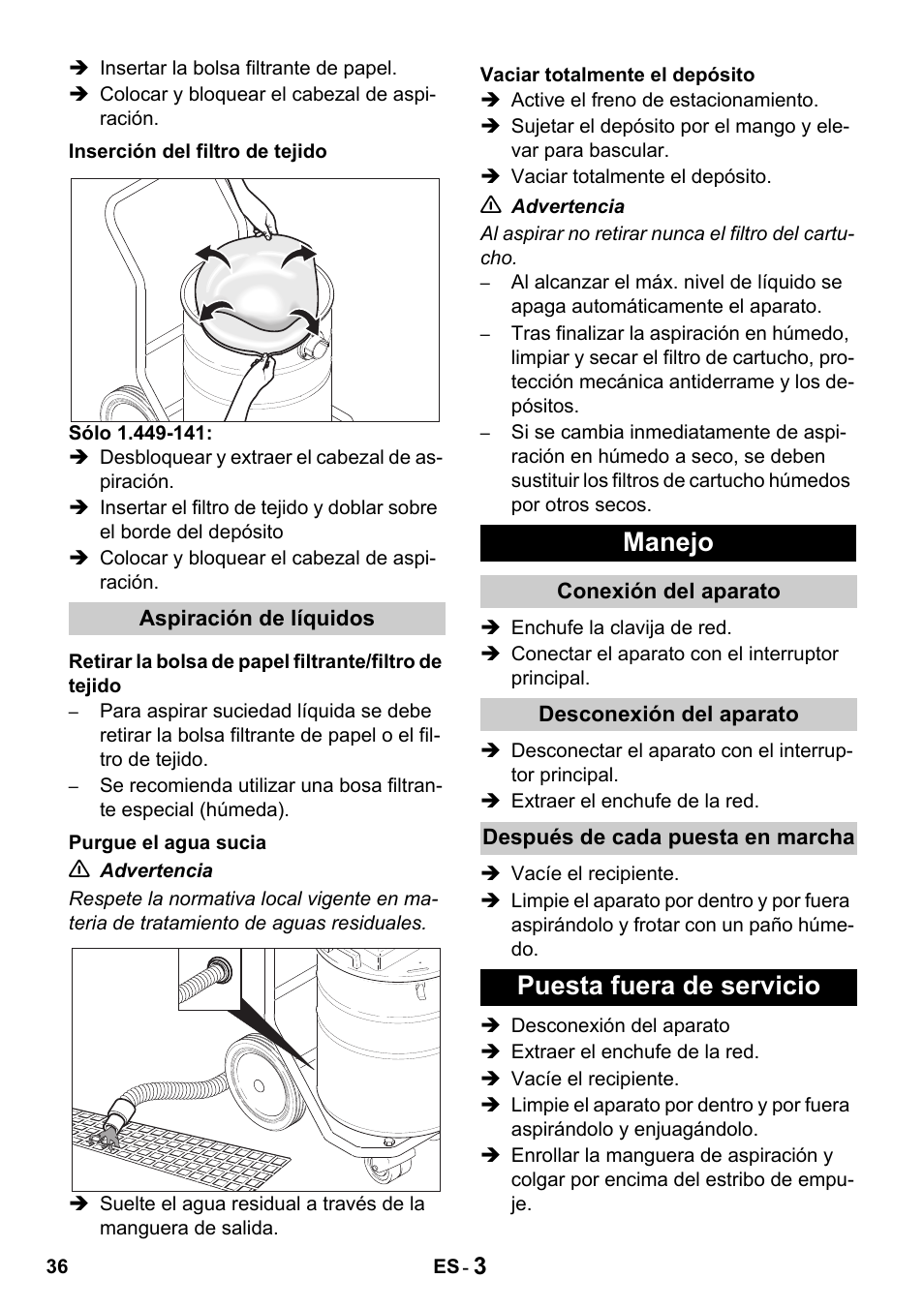Manejo, Puesta fuera de servicio | Karcher Промышленный пылесос NT 802 IV User Manual | Page 36 / 176
