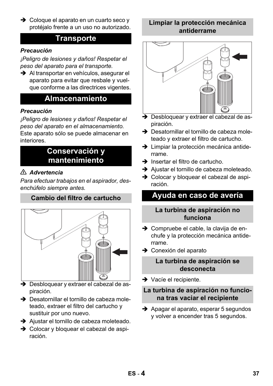 Ayuda en caso de avería | Karcher Промышленный пылесос NT 802 IV User Manual | Page 37 / 176