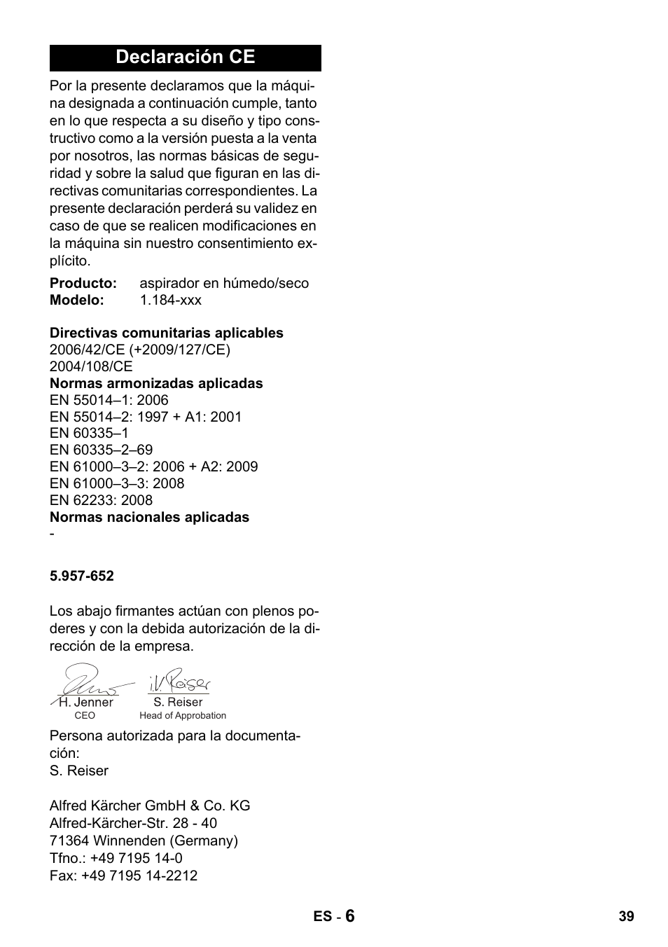 Declaración ce | Karcher Промышленный пылесос NT 802 IV User Manual | Page 39 / 176