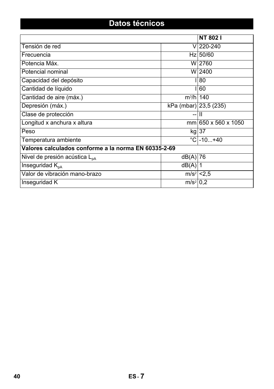 Datos técnicos | Karcher Промышленный пылесос NT 802 IV User Manual | Page 40 / 176