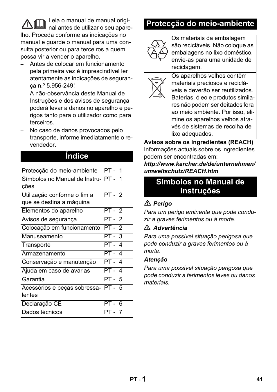 Índice, Protecção do meio-ambiente, Símbolos no manual de instruções | Karcher Промышленный пылесос NT 802 IV User Manual | Page 41 / 176