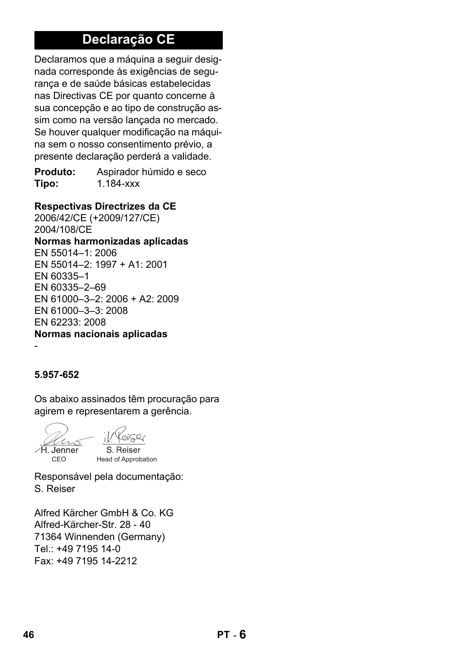 Declaração ce | Karcher Промышленный пылесос NT 802 IV User Manual | Page 46 / 176