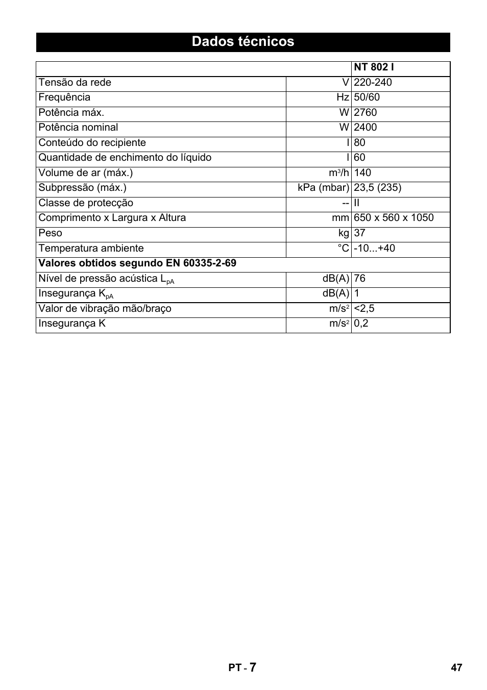 Dados técnicos | Karcher Промышленный пылесос NT 802 IV User Manual | Page 47 / 176