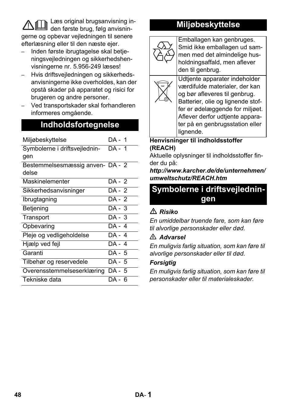 Indholdsfortegnelse, Miljøbeskyttelse, Symbolerne i driftsvejlednin- gen | Karcher Промышленный пылесос NT 802 IV User Manual | Page 48 / 176