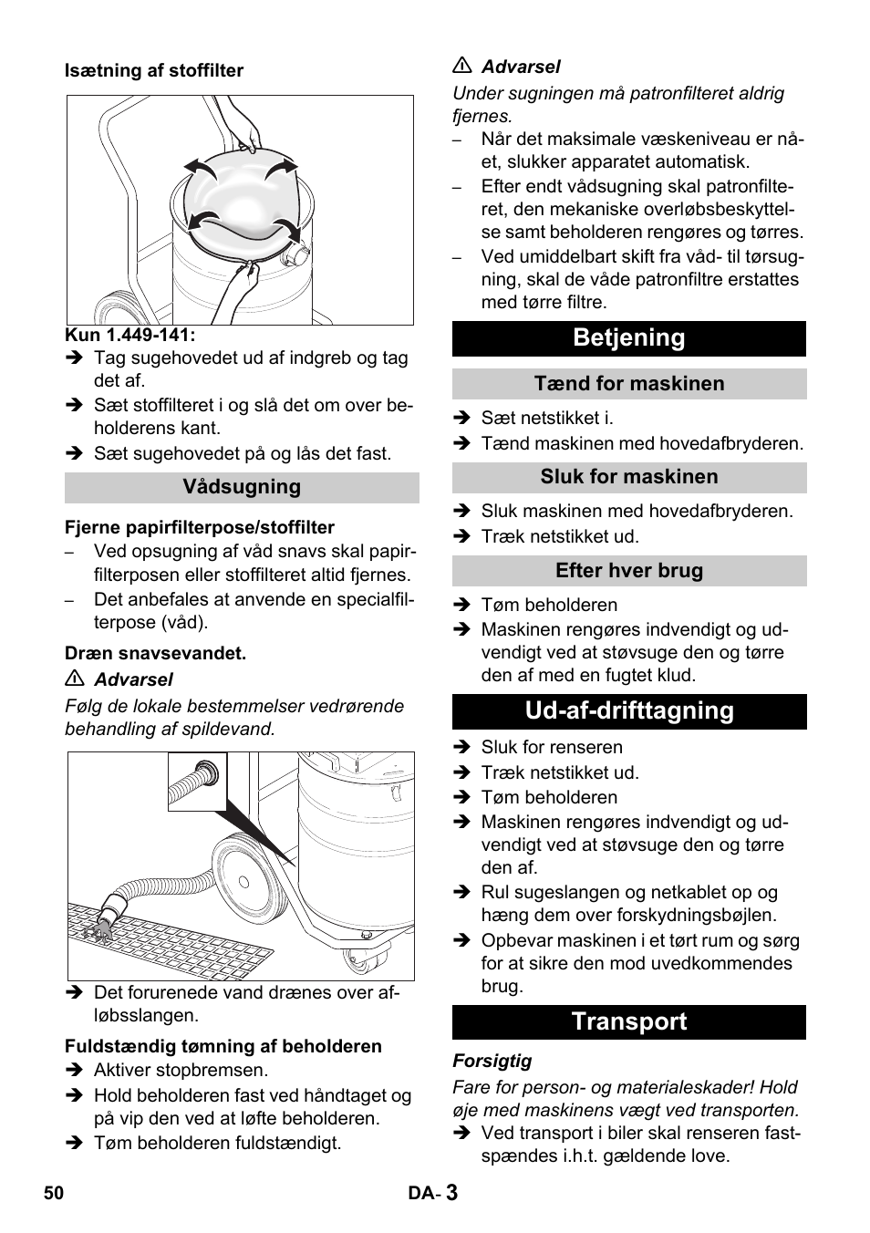 Betjening, Ud-af-drifttagning transport | Karcher Промышленный пылесос NT 802 IV User Manual | Page 50 / 176