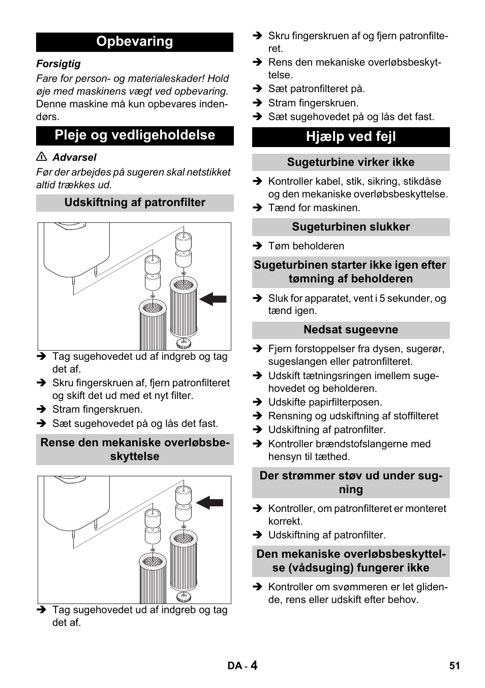Opbevaring pleje og vedligeholdelse, Hjælp ved fejl | Karcher Промышленный пылесос NT 802 IV User Manual | Page 51 / 176