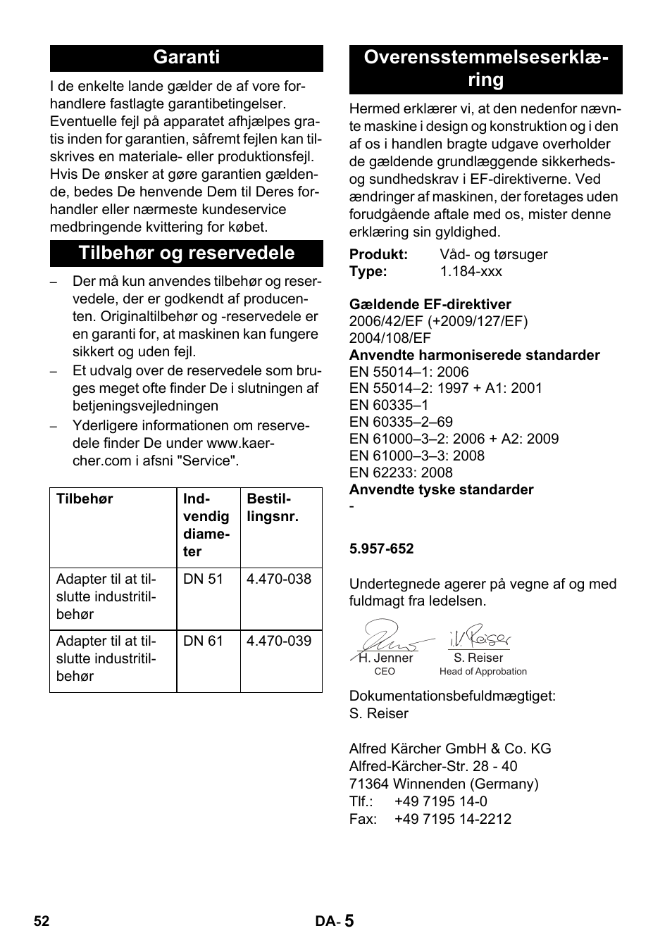Garanti tilbehør og reservedele, Overensstemmelseserklæ- ring | Karcher Промышленный пылесос NT 802 IV User Manual | Page 52 / 176