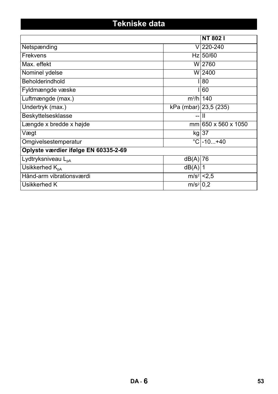 Tekniske data | Karcher Промышленный пылесос NT 802 IV User Manual | Page 53 / 176