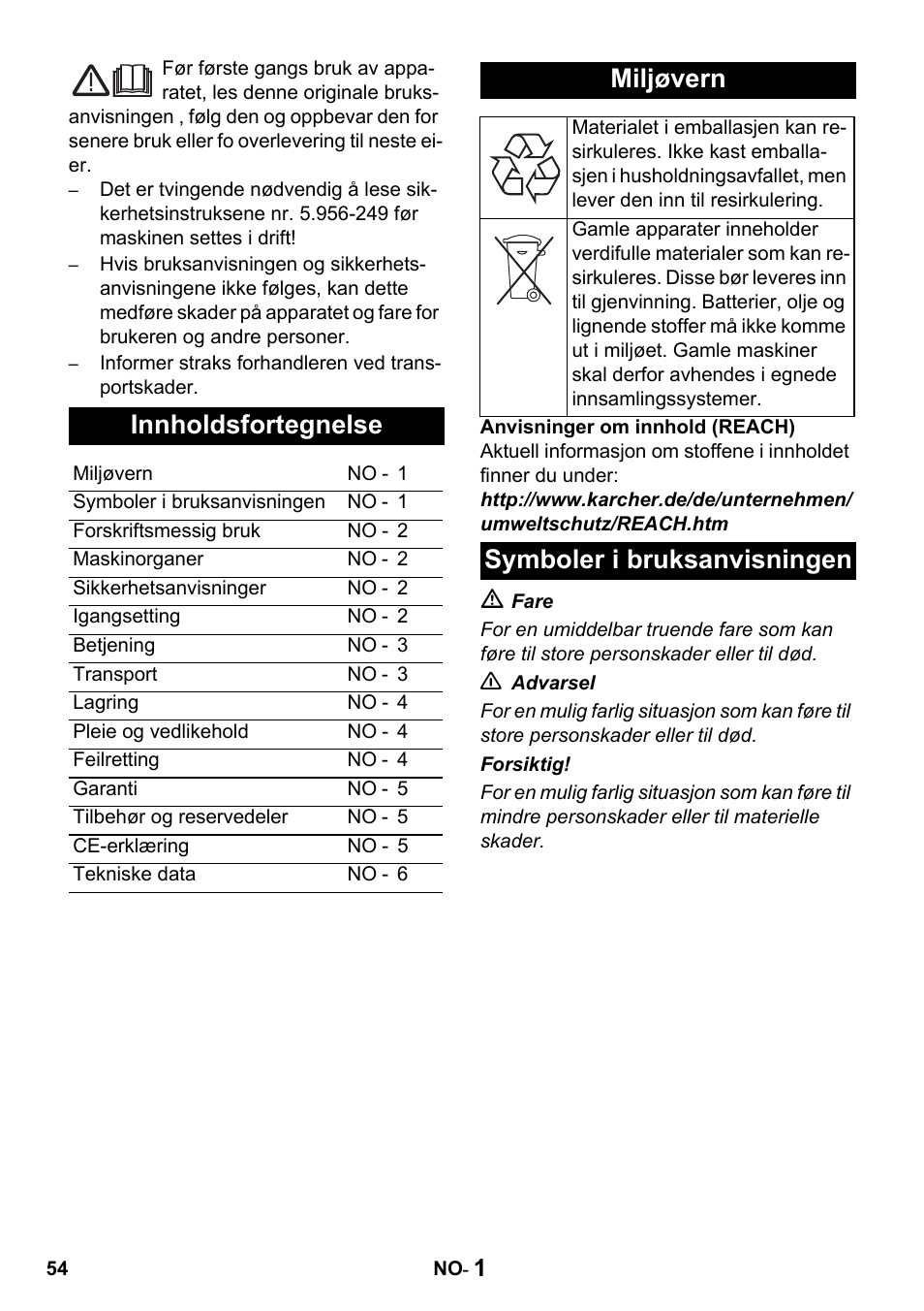 Innholdsfortegnelse, Miljøvern, Symboler i bruksanvisningen | Karcher Промышленный пылесос NT 802 IV User Manual | Page 54 / 176