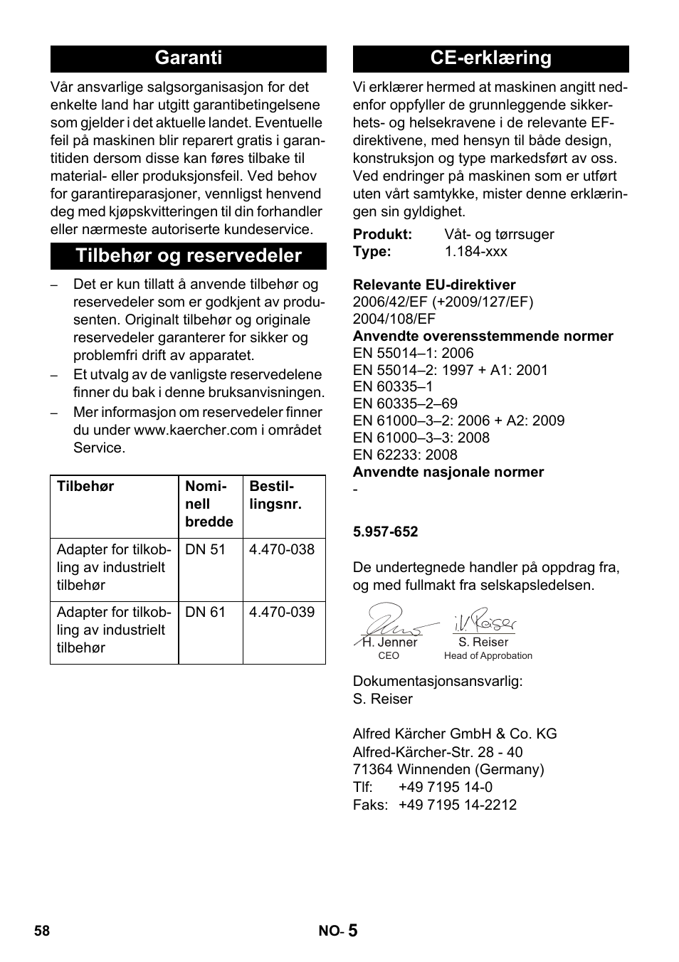Garanti tilbehør og reservedeler, Ce-erklæring | Karcher Промышленный пылесос NT 802 IV User Manual | Page 58 / 176