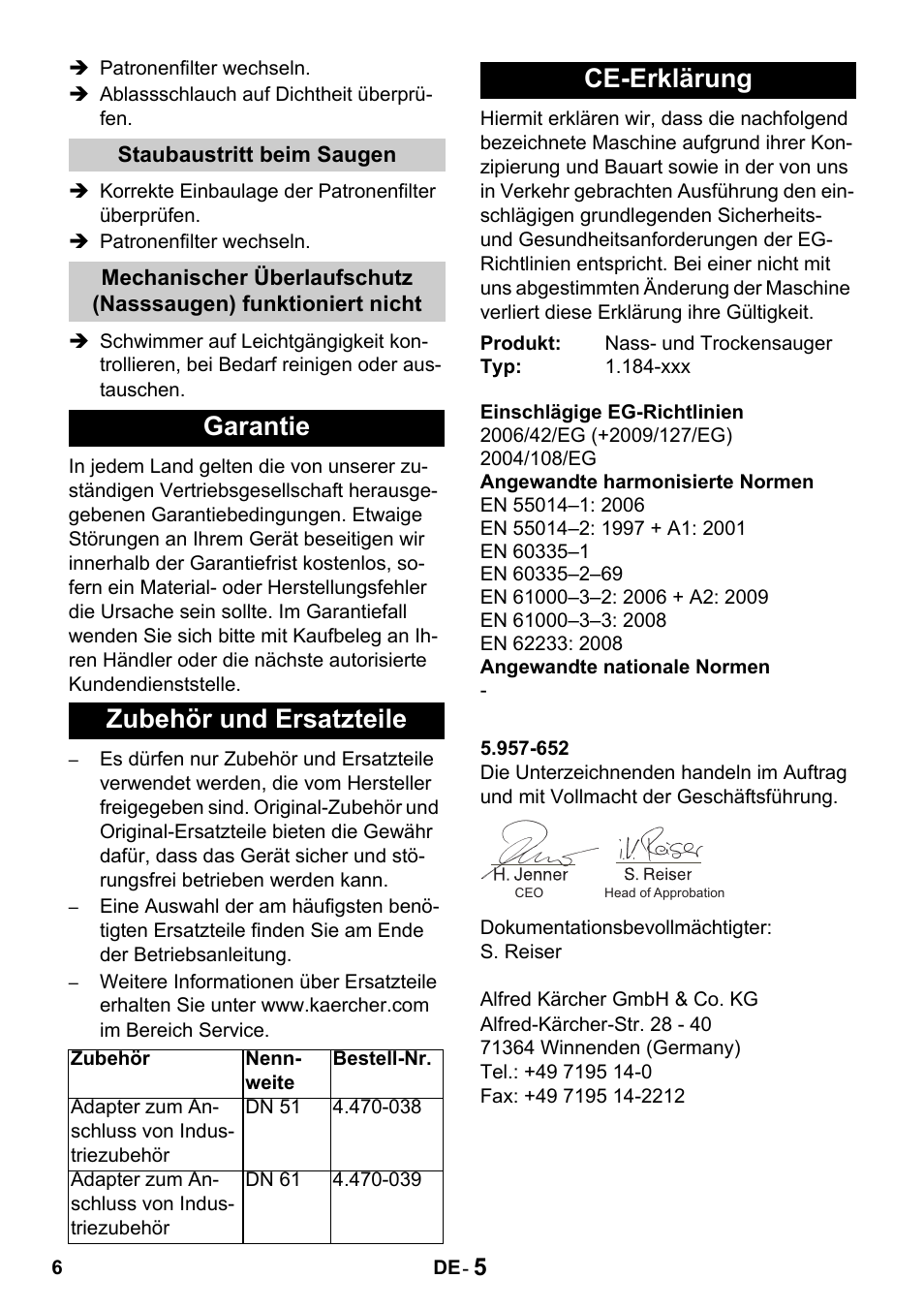 Garantie zubehör und ersatzteile, Ce-erklärung | Karcher Промышленный пылесос NT 802 IV User Manual | Page 6 / 176
