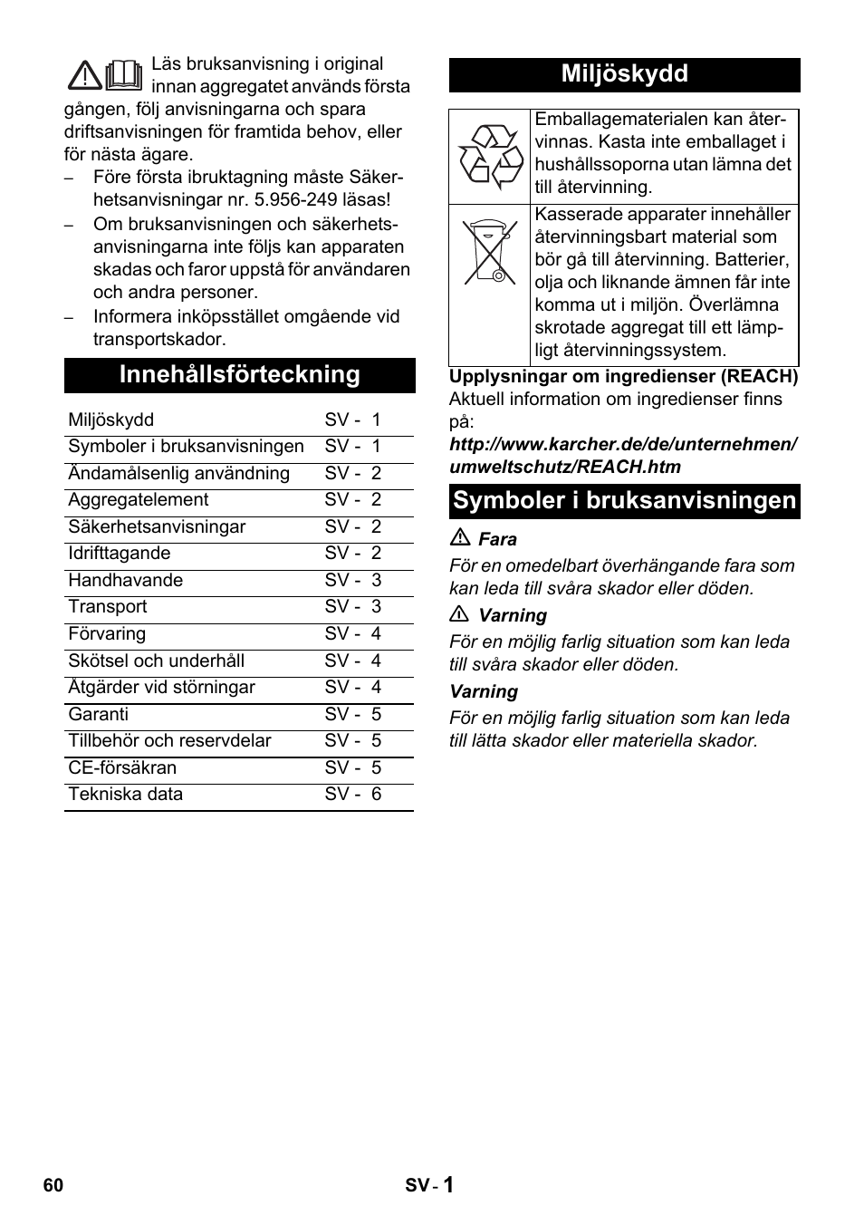 Innehållsförteckning, Miljöskydd, Symboler i bruksanvisningen | Karcher Промышленный пылесос NT 802 IV User Manual | Page 60 / 176