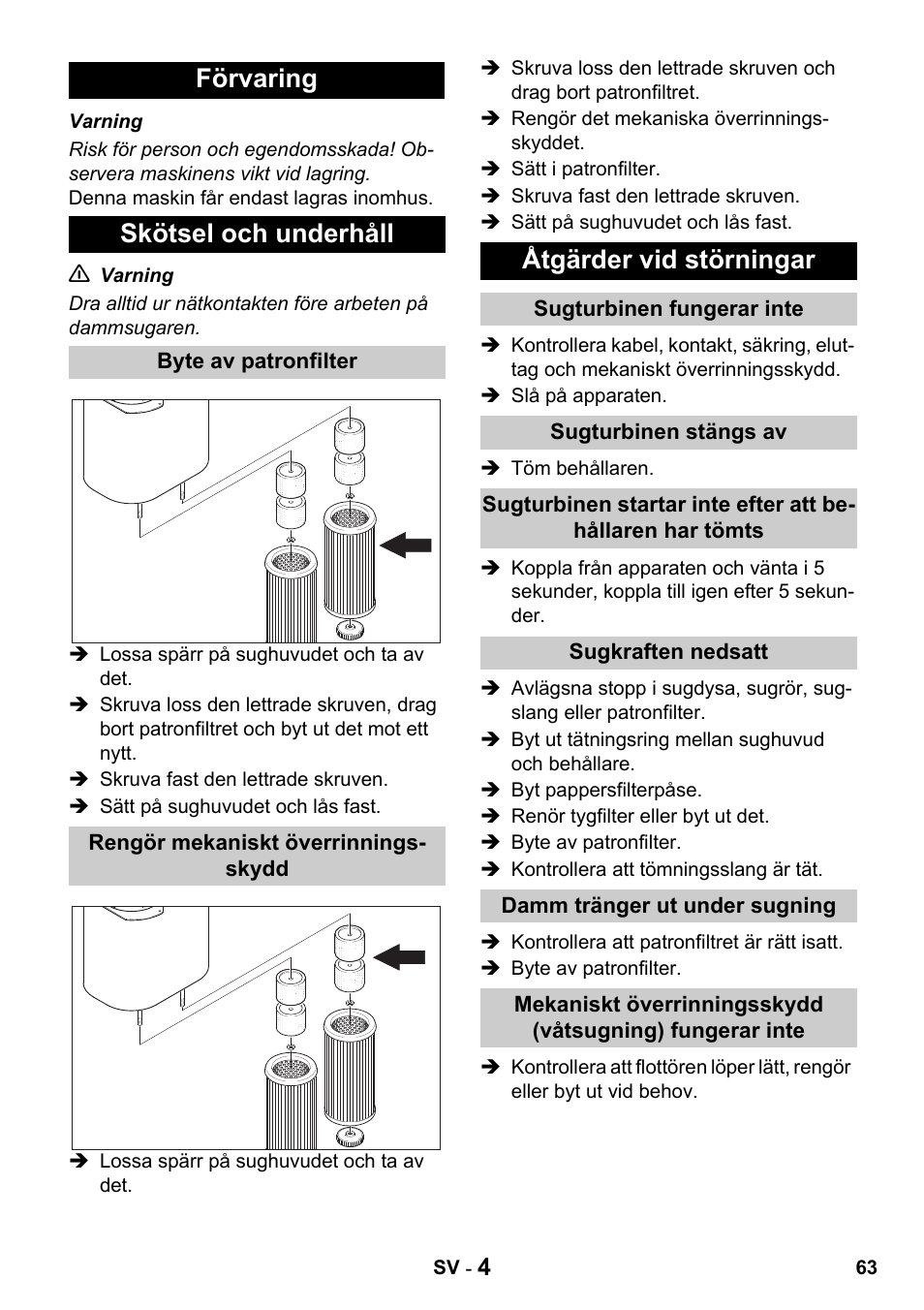 Förvaring skötsel och underhåll, Åtgärder vid störningar | Karcher Промышленный пылесос NT 802 IV User Manual | Page 63 / 176