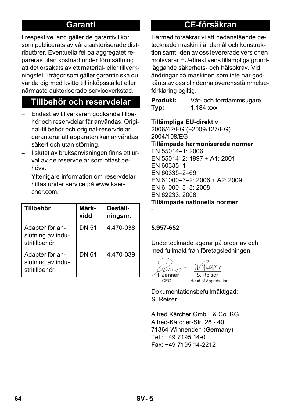 Garanti tillbehör och reservdelar, Ce-försäkran | Karcher Промышленный пылесос NT 802 IV User Manual | Page 64 / 176