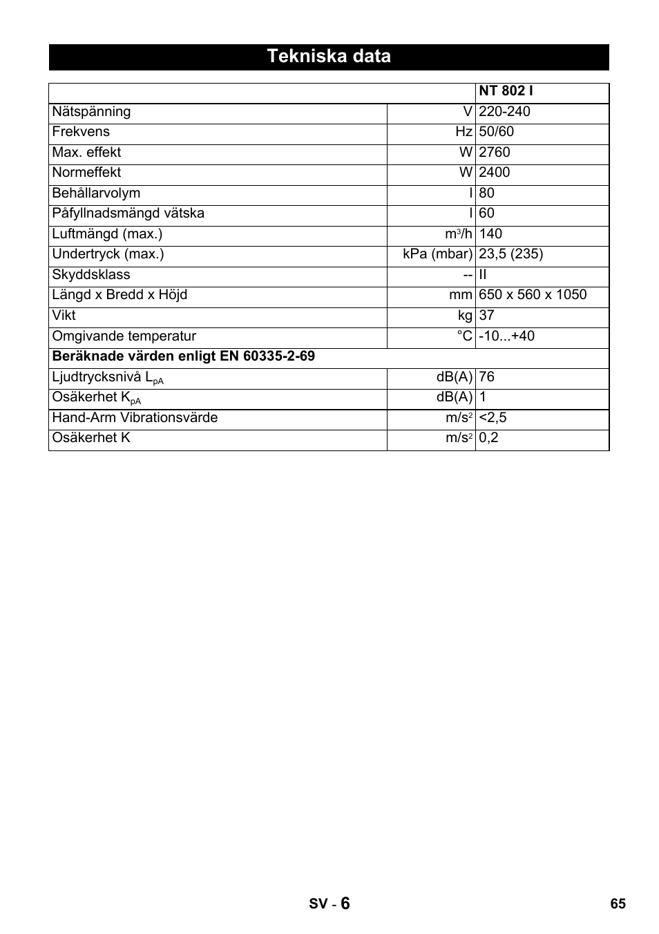Tekniska data | Karcher Промышленный пылесос NT 802 IV User Manual | Page 65 / 176