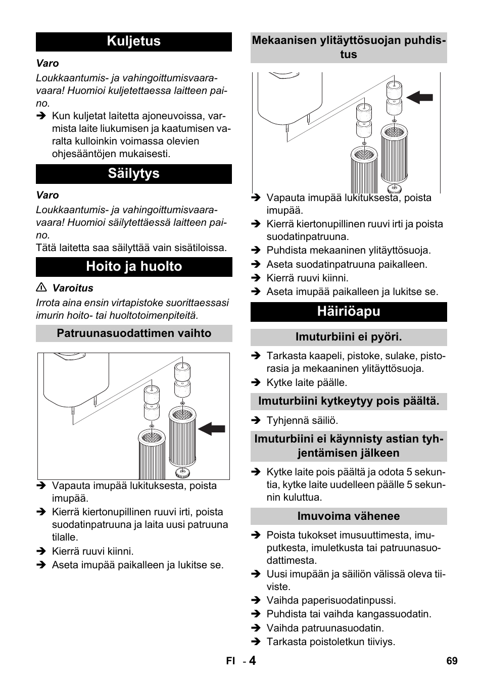 Kuljetus säilytys hoito ja huolto, Häiriöapu | Karcher Промышленный пылесос NT 802 IV User Manual | Page 69 / 176
