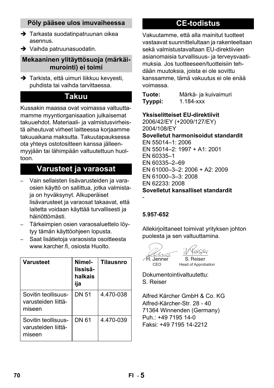 Takuu varusteet ja varaosat, Ce-todistus | Karcher Промышленный пылесос NT 802 IV User Manual | Page 70 / 176