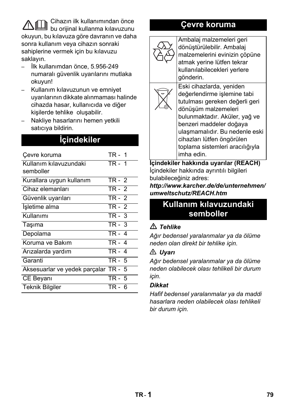 Içindekiler, Çevre koruma, Kullanım kılavuzundaki semboller | Karcher Промышленный пылесос NT 802 IV User Manual | Page 79 / 176