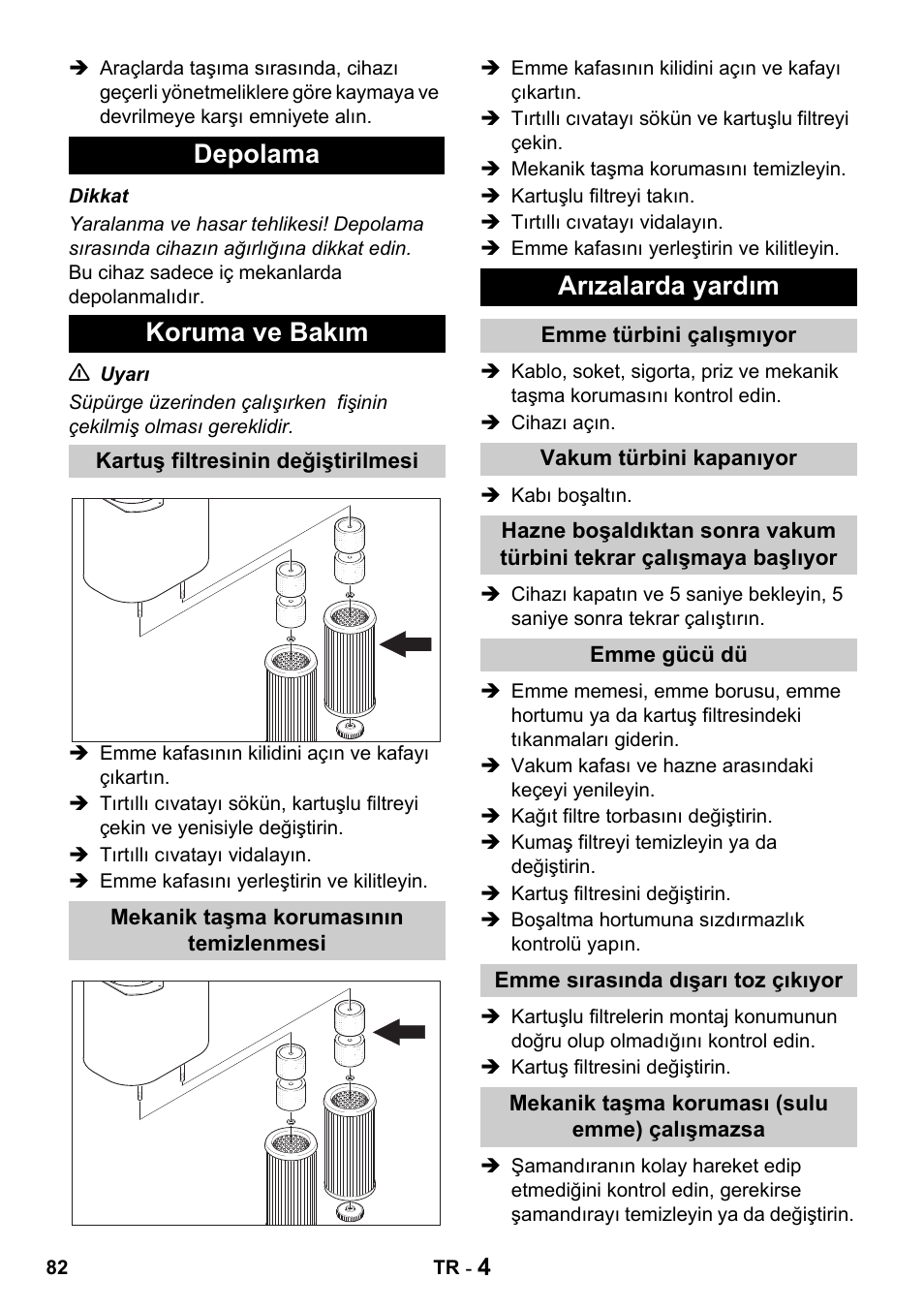 Depolama koruma ve bakım, Arızalarda yardım | Karcher Промышленный пылесос NT 802 IV User Manual | Page 82 / 176