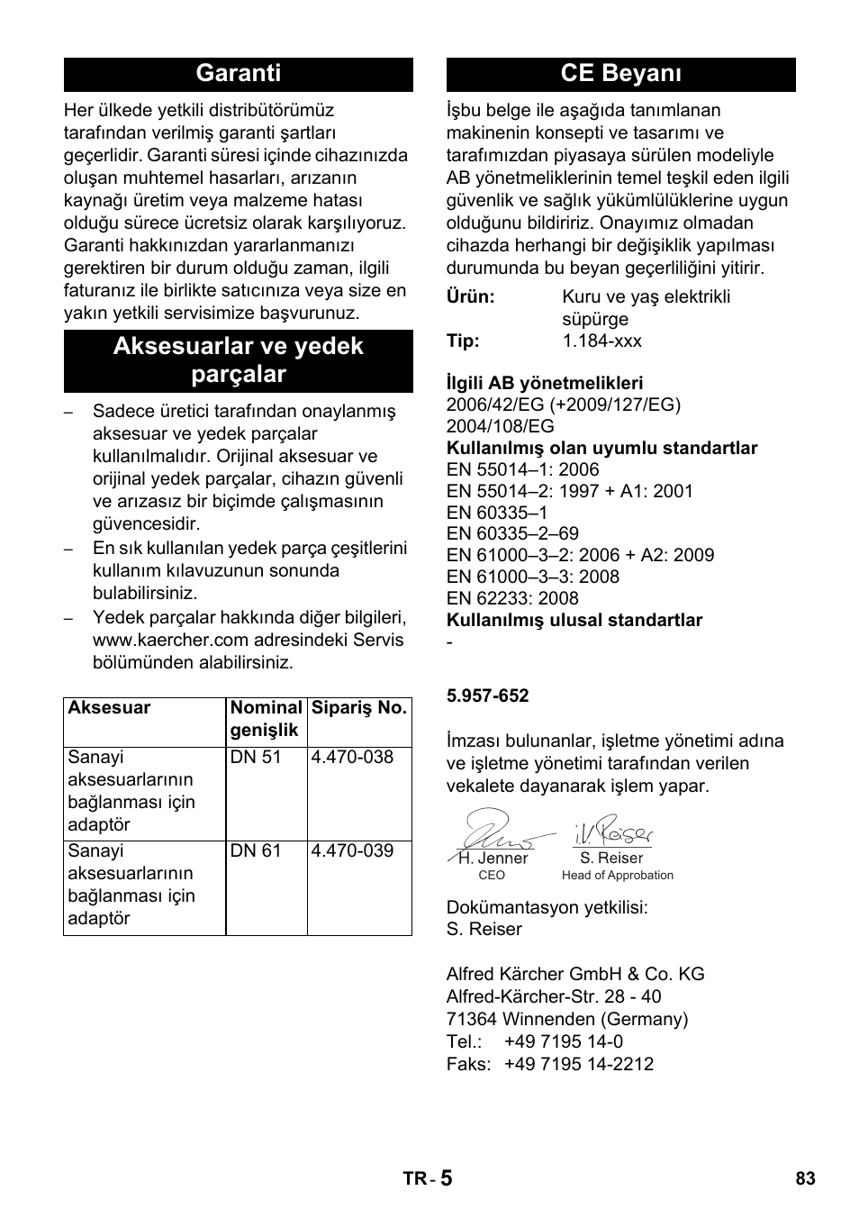 Garanti aksesuarlar ve yedek parçalar, Ce beyanı | Karcher Промышленный пылесос NT 802 IV User Manual | Page 83 / 176