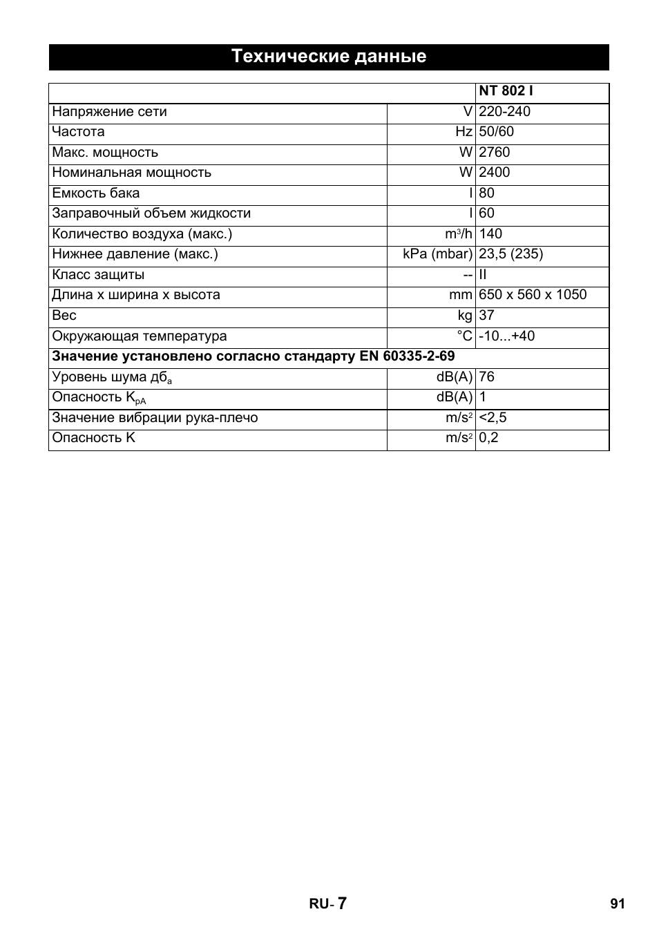 Технические данные | Karcher Промышленный пылесос NT 802 IV User Manual | Page 91 / 176