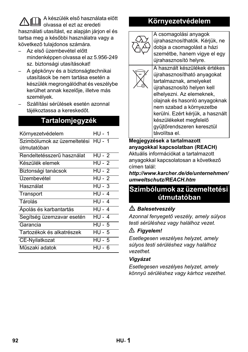 Tartalomjegyzék, Környezetvédelem, Szimbólumok az üzemeltetési útmutatóban | Karcher Промышленный пылесос NT 802 IV User Manual | Page 92 / 176